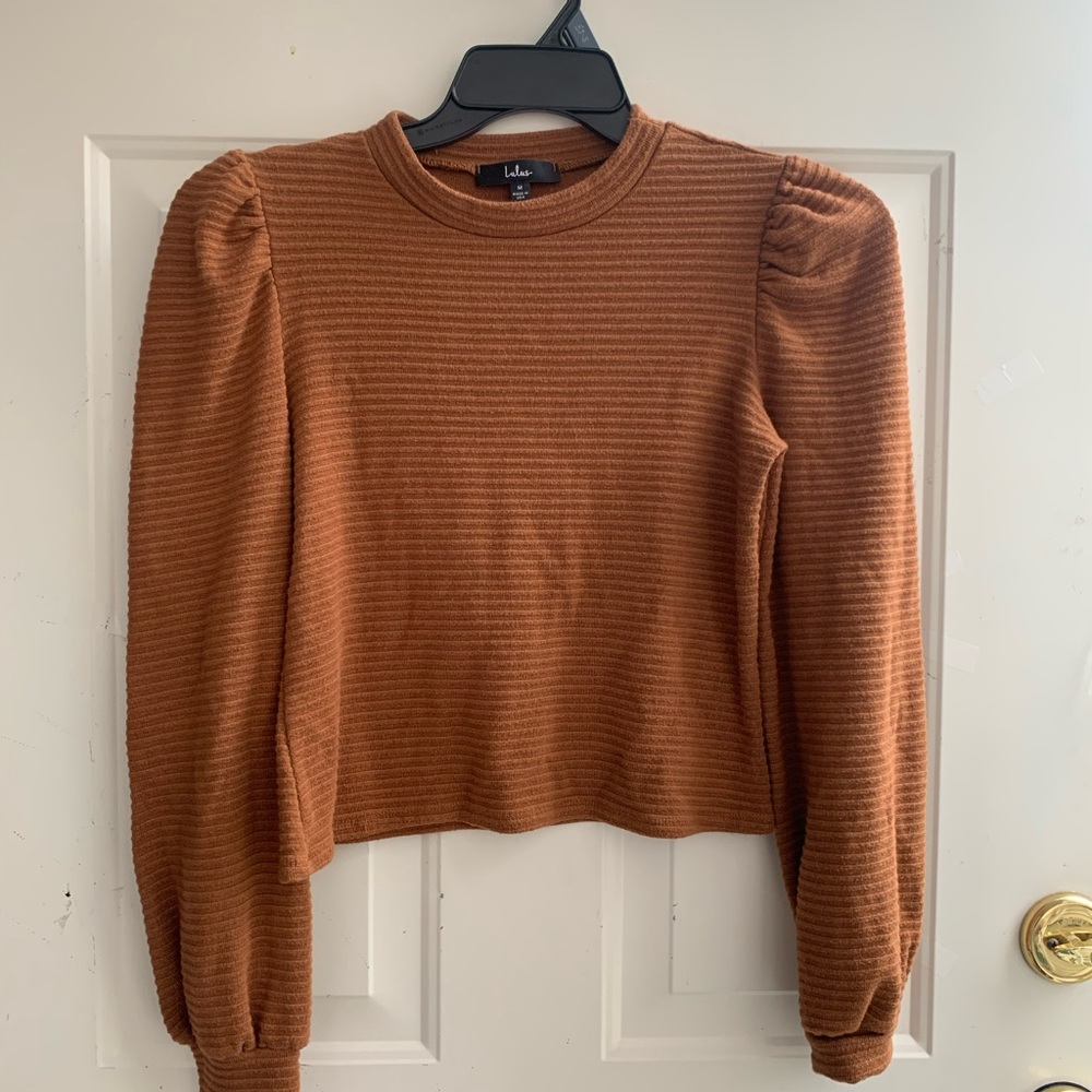 Lulu's Rust Ribbed Puff Sleeve Blouse - Picture 9 of 13